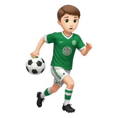 Celtic footballer jersey logo  6 years old brown hair white boy , brown eyes , stripes uniform , RUNNING  with soccer ball # 17 celtic football logo PUT ONLY ONE LOGO ONE CELTIC LOGO ONLY white shorts sticker