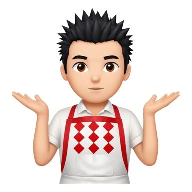 big boy with black spiky hair styled upward, wearing a white apron with red squares pattern sticker