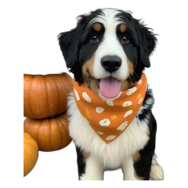 mostly black and white bernedoodle with a pumpkin and fall bandana sticker