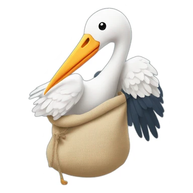 stork delivering baby boy in fabric held in its beak you can see the baby boys human face popping from the top of the sack the stork is holding sticker