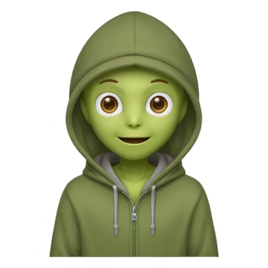 happy green alien in gray hoodie full height, wear hoodie hat sticker