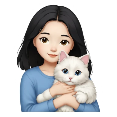 A young Chinese girl with shoulder-length black hair, styled in a sleek center-parted (4/6) cut, gently holding her fluffy white Ragdoll cat.  The girl has a happy and loving expression as she embraces her cat. The background is soft and warm, creating a cozy and affectionate atmosphere. The image is detailed and realistic, highlighting the textures of the woman's hair and the cat's plush fur." sticker