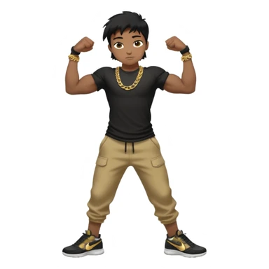 full side body view of muscular 13yo boy with veiny hands arms and biceps. has messy black hair with dark-tan skintone with black tshirt. has gold chain and nike shoes with baggy pants sticker