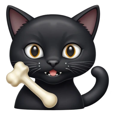 A black cat with a white spot on its muzzle, holding a gray rubber bone in its teeth sticker