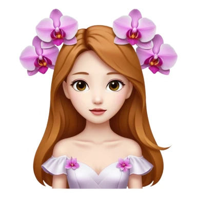 Asian girl with long golden brown hair white skin makeup natural with orchid white/pink only on her left ear, her dress is white  coquette  sticker