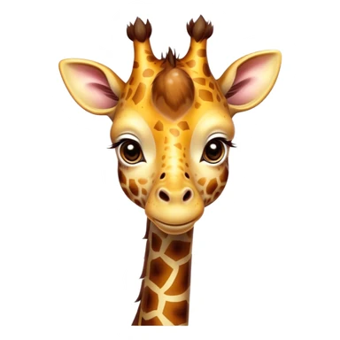 Cinematic Cute Giraffe Portrait Emoji, Head tilted playfully and inquisitively, featuring a glossy, patterned Fur of warm yellows and browns with delicate white spots, round, sparkling eyes filled with curious wonder, Simplified yet irresistibly adorable features, highly detailed, glowing with a warm, friendly glow, high shine, affectionate and gentle, stylized with a touch of savannah whimsy, bright and endearing, soft glowing outline, capturing the essence of a mischievous yet loving giraffe, so playful it feels like it could gallop out of the screen and into your arms! sticker