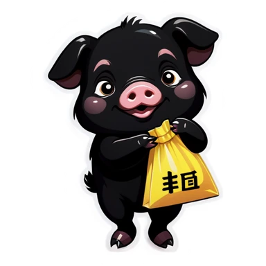 a black piglet holding 4 bags with "복“ written on it sticker