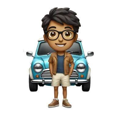 slender indian boy with glasses on shorts standing next to a classic white mini cooper sticker