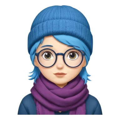 A shy blue straight hair woman with big round glasses and thick scarf and a beanie, blushing from the cold. sticker