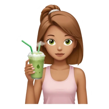 girl with light brown hair and green eyes and tan skin  wearing light pink tank top with white sweatpants drinking iced matcha latte with a face sheet mask on sticker