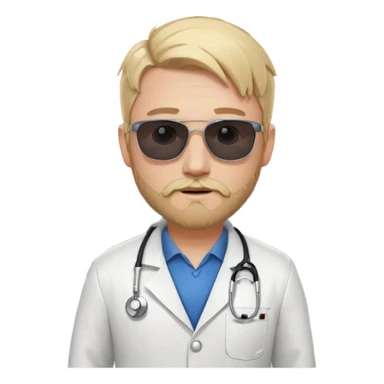 White tesla model 3 and one cool physician with blond hair, beard, stetoscope and dark sunglasses next to it sticker