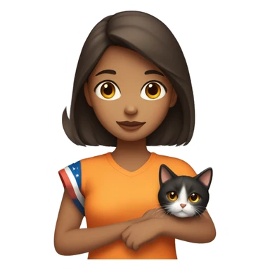Brunette girl with brown eyes, holding a tricolor cat. Cat hairs are black in one side of its face and orange in the other side of its face. sticker