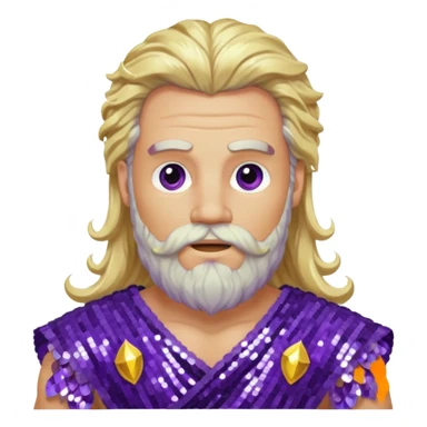 Zeus from Olympus Gods with long blonde wavy hair and beard, purple sequin loincloth sticker