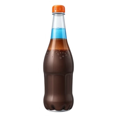 soda bottle, plastic, dark brown or bright soda, narrow neck, colored cap, bubbles for carbonation, fizzy and refreshing, 3D-rendered, minimal, no faces sticker