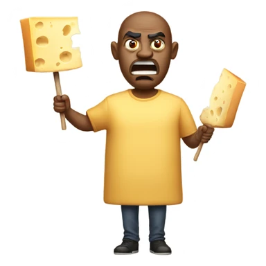Angry man holding a piece of really big cheese on a stick sticker