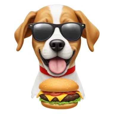 A dog wearing sunglasses and a Christmas hat while eating a burger sticker