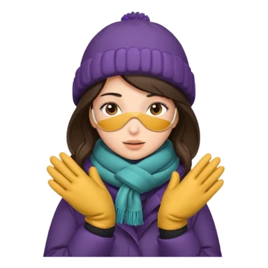Brunette woman bundled up with parka, hat, scarf, and glvoes. The scarf covers her face  sticker