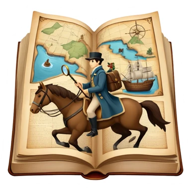 Collage for Reading Fiction: large open book with pages turning into with musketeers on horseback, Sherlock Holmes with a magnifying glass standing nearby, treasure island map. The icon should evoke the adventure and romance of exploring fictional worlds. Transparent background sticker