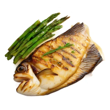 grilled fish fillets with brown butter sauce on white plate sticker