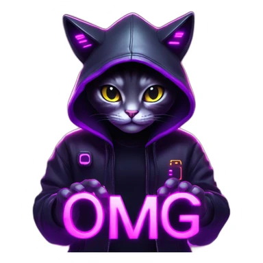 cat wearing a black hoodie with "OMG" letters on it and VR headset in a cyberpunk VR environment with violet neon lighting. sticker