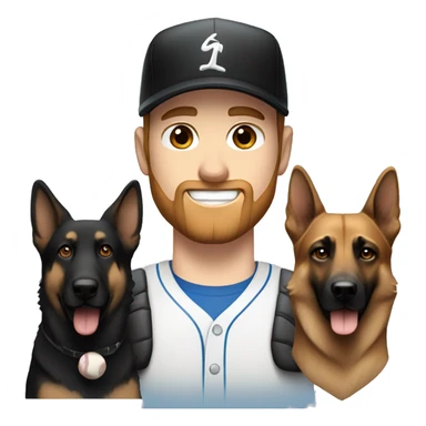 white male with blue eyes, a black beard and a baseball hat alongside a black and brown german shepherd  sticker
