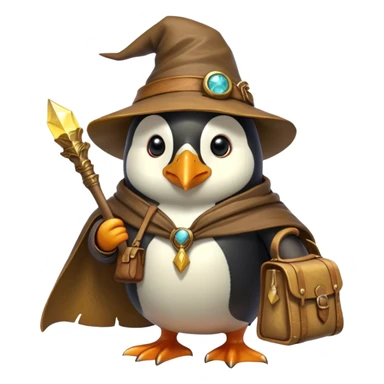 A wizard-explorer penguin inspired by Indiana Jones, wearing a weathered yellow enchanted hat and a flowing cape. It carries a leather satchel with ancient scrolls and holds a glowing magical relic. Cartoon-style, smooth shading, highly detailed, no background sticker