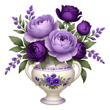 A dainty porcelain vase, hand-painted with delicate lavender pansies and deep purple roses, holds an elegant bouquet of amethyst-hued peonies, fragrant sprigs of wild lavender, and trailing silk ribbons, with a tiny heart-shaped charm dangling from its neck, swaying gently in the evening breeze.
 sticker