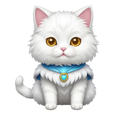 a white cat wearing a costume sticker