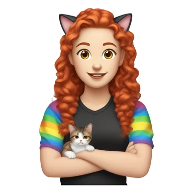 a white girl with long red curly hair in a pony tail with rainbow shirt does peace sign wearing cat ears one black other white sticker