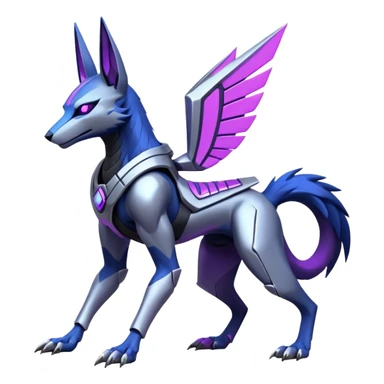 Silver and indigo and purple and violet cyberpunk intricate neon glowing grey white futuristic cyborg-Anubis-Zeraora-Zoroark-fusion (full body) sticker