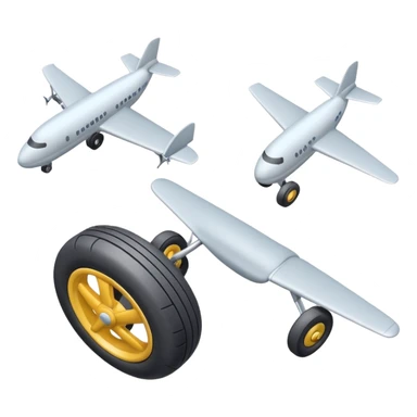 Isometric view of airplane landing gear in emoji style — one inflated, puffy wheel with a strut, soft 3D look, rounded shapes, clean and cartoon-like sticker