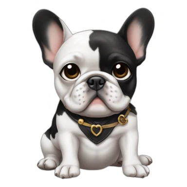 A french bulldog with black and white colors, one eye black, like a pirate, sitting on the ground, making a heart emoji sticker