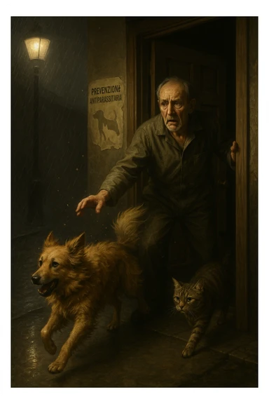 Un uomo anziano in tuta da lavoro, con espressione angosciata, tiene aperta la porta di casa mentre il suo cane (un meticcio a pelo lungo) e il gatto (soriano) scappano nella strada buia sotto la pioggia. Particelle di polvere/pulci fluttuano nell'aria illuminata dal lampione. Sullo sfondo, un poster strappato del veterinario con scritto 'Prevenzione antiparassitaria'. Stile fotorealistico, illuminazione Caravaggesca, toni grigi e ocra. in italiano sticker