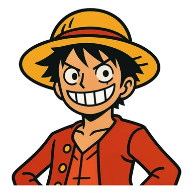 Luffy smiling confidently, straw hat tilted forward, vibrant toon style sticker