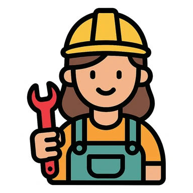 female plumber, woman in overalls with a wrench, friendly expression, color outline icon style sticker