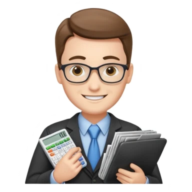 emoji, of a male AUDITOR smiling with Finance spreadsheet , a calculator,plus ADD A puzzle and a Balance for accounting. sticker
