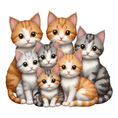 6 tiny kittens cuddling together all various different natural colours including grey and white, ginger and white, calico, grey, and brown tabby and white sticker