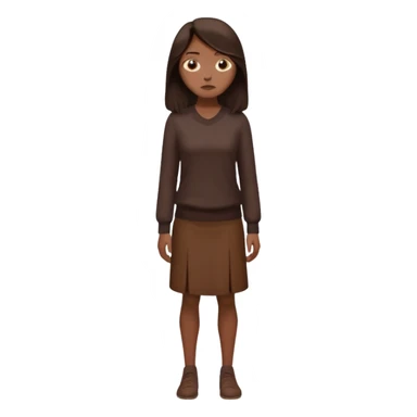 =Cartoon emoji of a woman with long, loose dark hair, wearing chocolate-colored clothes. Full-height, standing, nervous, unsure, worried expression. Slightly hunched, anxious posture. Smooth, simple, stylized sticker
