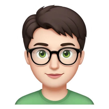 Young man with short but voluminous poofy dark brown hair, green eyes wearing glasses, wide face with eyes set apart, bigger ears, very pale skin, slightly bigger nose, fuller darker pink lips with a smile, and very light stubble sticker