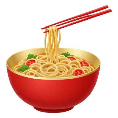 Chinese cuisine humanless avatar in bright emoji-style illustration. Noodles bowl, red and gold colors, simple shapes, flat design, bold and energetic. sticker