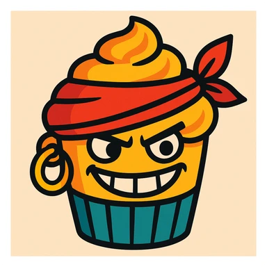 a cupcake with a pirate bandana, gold earring, and mischievous grin sticker