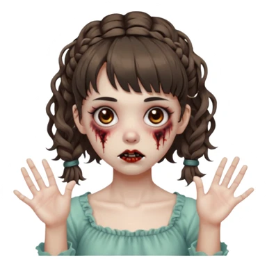 Cabelo ondulado  um pouco cheio e franja curta  Olhos marrons e pequenos e feita d ezumbi mais bonita com cabelo amarro na e com as mãos assim tipo assim🧟‍♀️ sticker