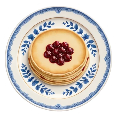 scandinavian round crepes with jam on white porcelain plate with blue floral vintage design sticker