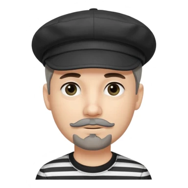 White Man with a dark grey goatee and a black newsboy cap. He is wearing a black and white striped shirt. He has dark black eyeliner  sticker