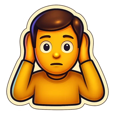 Create an emoji of a man covering his ears, in the same pose and style as the monkey in the reference image, with a transparent background. sticker
