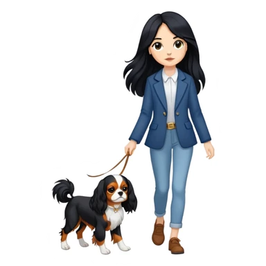 A girl with long black hair walking a Cavalier King Charles Spaniel sticker