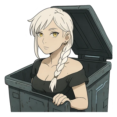 she is poking out from a garbage dumpster, a closeup portrait of young woman with gold yellow eyes, white hair, long braid, black off-shoulder top d-cup, punk gothic style, futuristic cyberwave cyberpunk, sticker
