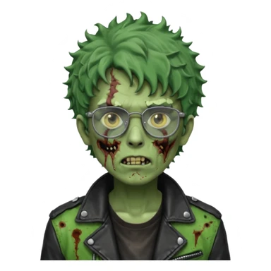 Hombre zombie de piel verde con chaqueta de cuero punk, pelo rizado corto y gafas sticker