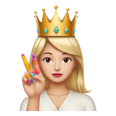 confident hand making a peace sign with painted nails and a crown, radiating girlboss energy, apple emoji style, for a phone case sticker