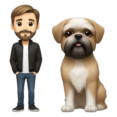 Short haired man with short beard and mustache, brown eyes and hair. With a black and brown Shih tzu beside. sticker